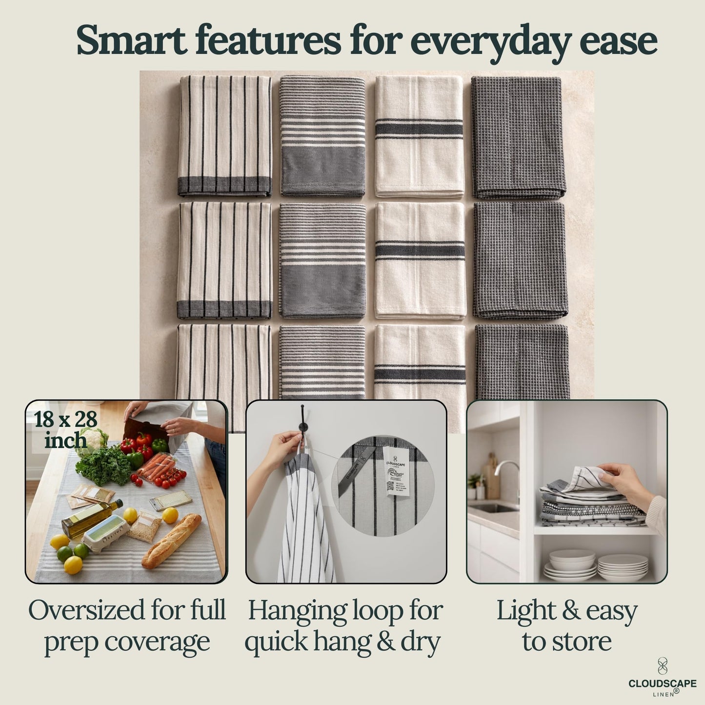 CLOUDSCAPE Kitchen Towels, Set of 12, Premium Cotton Dish Towels for Kitchen, 18" x 28" Oversized Hand Towel, Quick Absorbent & Drying Tea Towel with Hanging Loop - Grey