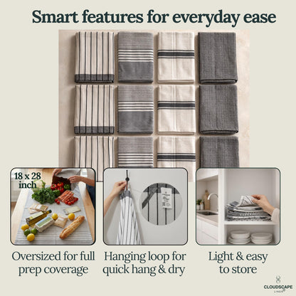 CLOUDSCAPE Kitchen Towels, Set of 12, Premium Cotton Dish Towels for Kitchen, 18" x 28" Oversized Hand Towel, Quick Absorbent & Drying Tea Towel with Hanging Loop - Grey