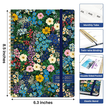 Planner 2026–2027, Weekly & Monthly Academic Organizer for School Year, Jul 2026–Jun 2027, Hardcover Planner with Tabs, Back to School Essential, 6.3" x 8.5", Wildflower Meadow