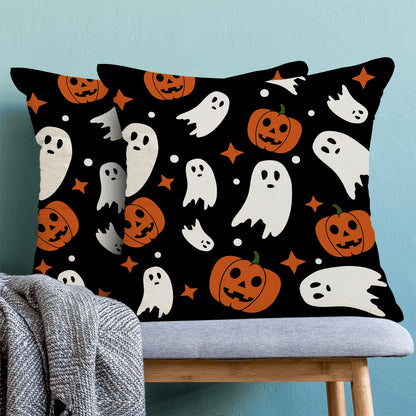 Halloween Pillow Covers 22x22, Cream Spooky Ghost Black Decorative Throw Pillows for Couch, Burnt Orange Pumpkin Decor Cushion Cover 2 Pcs Autumn Fall Outdoor Linen Pillowcase for Bed Car Safa