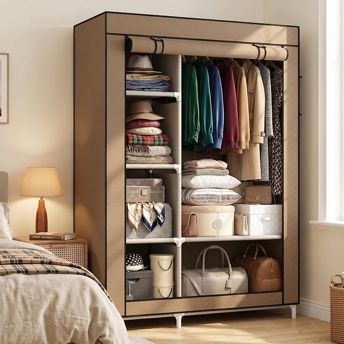 Calmootey Portable Closet Organizers, Clothing Storage, Wardrobe with 6 Shelves and Hanging Rod, Non-Woven Fabric Cover with 4 Side Pockets, Brown