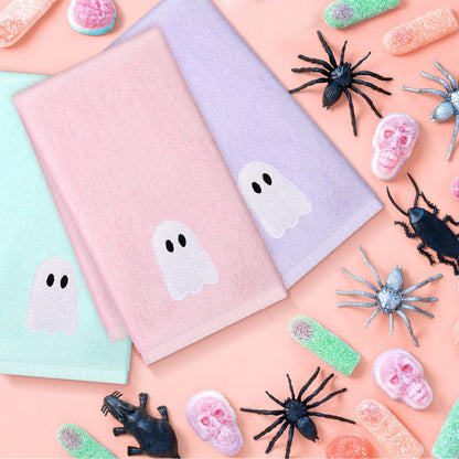 Remagr 3 Pcs Pastel Ghost Halloween Hand Towels Embroidered Pink Green Purple Ghost Halloween Spooky Cotton Hand Bath Towels for Bathroom Kitchen Decor Gift, 29.5" x 13.8"