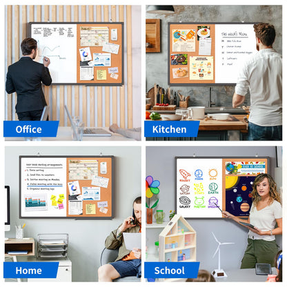 Magnetic White Board and Cork Board Combo, 36 X 24 inches Whiteboard Bulletin Combination Board, Wall Mounted Dry Erase Message Board for Home, School and Office, Black