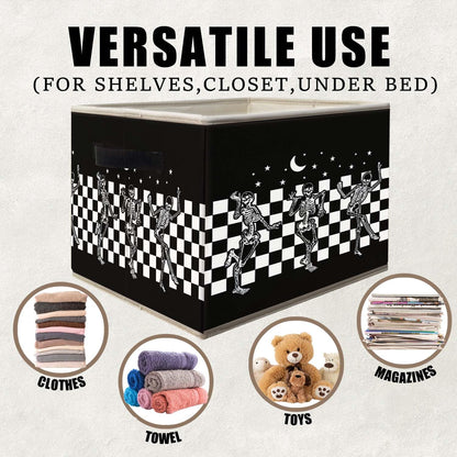 Likjad Halloween Gothic Skeleton Storage Bins Basket, Black and White Checkered Funny Gothic Collapsible Fabric Storage Box Organizer Toybox for Bedroom Bathroom Clothes Books Toys