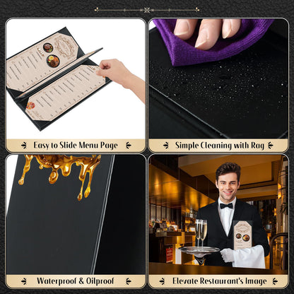 FLKQC 15 Pack Restaurant Menu Covers Holders 4.25" X 11", 3 Page 4 View Synthetic Leather Menu Holder Covers Book Style with Angled Corners Black for Wine List, Morning Menu, Wine Menu (15, 3 Page)