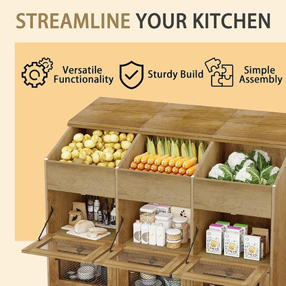 Triple Potato and Onion Storage Bin with Wheels, 3 Tier Wooden Potato Storage Cabinets with Mesh Doors, Farmhouse Movable Fruit and Vegetable Box, Wood Bread Box for Kitchen (Triple Brown)