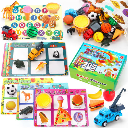 Quiet Flower 59 Pcs Sorting Toys for Toddlers 3-5, Dinosaur & Vehicle Matching Game with Flashcards, Sensory Educational Materials for Autism & Speech Development, Preschool Fine Motor Activities Gift