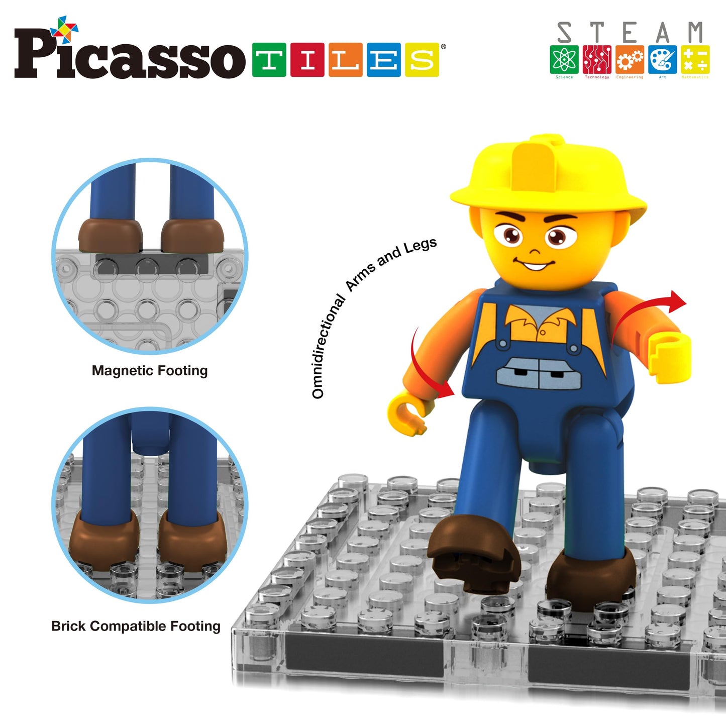 PicassoTiles Magnet Tiles Building Block 2-in-1 Excavator & Backhoe Brick Compatible Construction Playset with Car Base Magnetic Character Action Figure STEM Educational Learning Toy Kit Age 3+ PTU04
