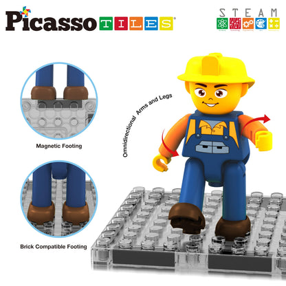 PicassoTiles Magnet Tiles Building Block 2-in-1 Excavator & Backhoe Brick Compatible Construction Playset with Car Base Magnetic Character Action Figure STEM Educational Learning Toy Kit Age 3+ PTU04