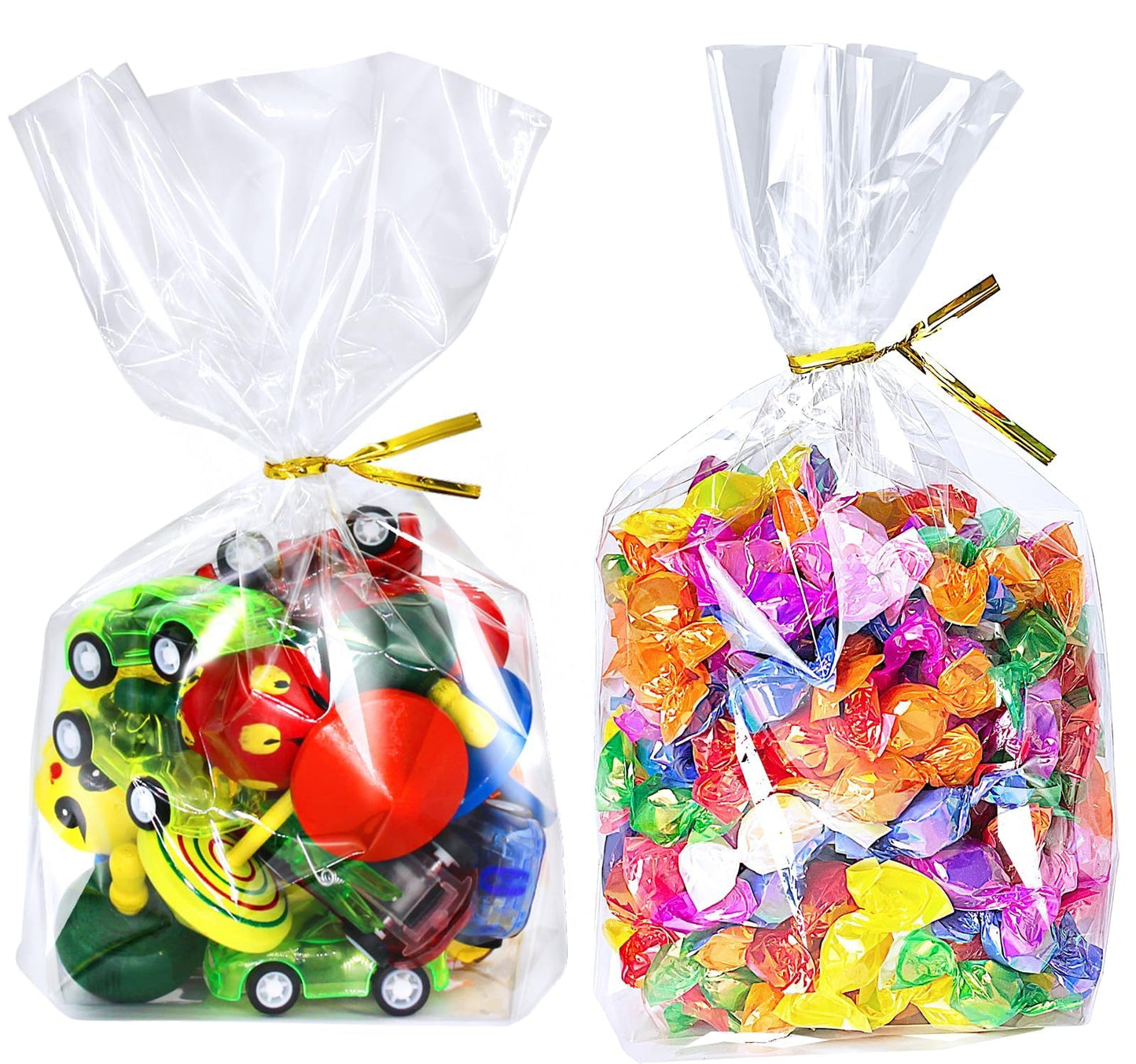 PigPotParty Cellophane Treat Bags 6x9 Inch, 100 Pack Clear Goodie Bags with Bottom Gusset for Stand-Up Display, Small Plastic Gift Wrap for Cookies, Candy, Party Favors, Popcorn, Includes 100 Ties