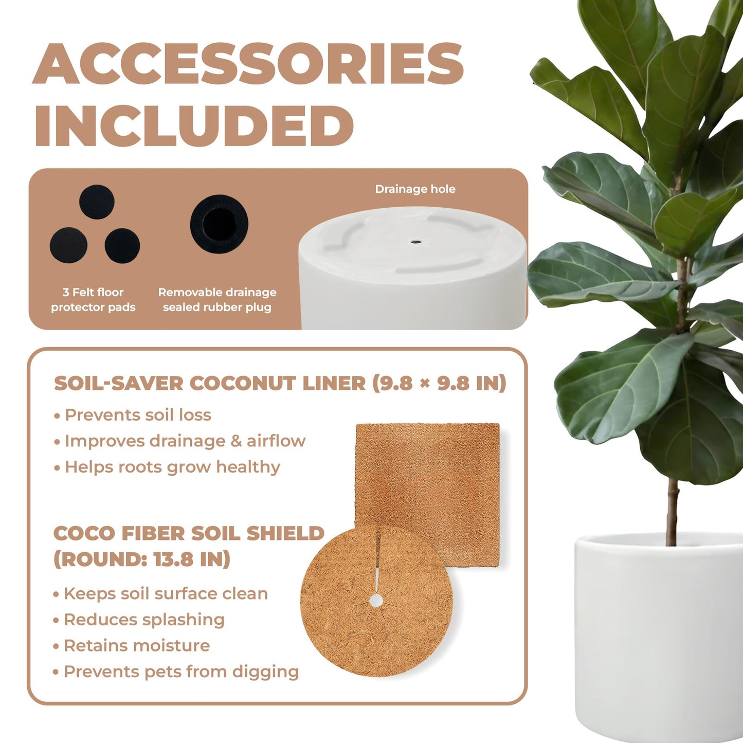 DEPLA LANE Lumero Fiberstone Cylinder Planter (12.0" Pot Opening x 13.8" D x 13.8" H) Smooth Finishes, Lightweight, Durable, UV Resistant, Modern Minimalist Decor, Indoor Outdoor Plant Pot (L, White)