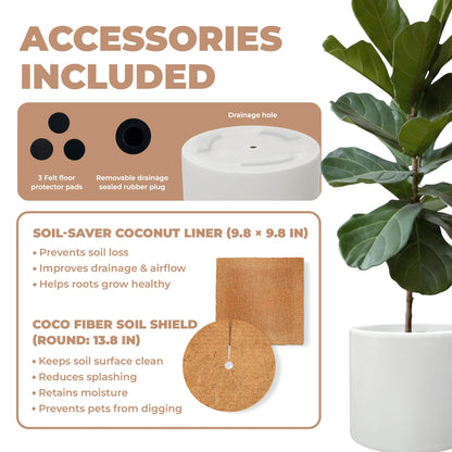 DEPLA LANE Lumero Fiberstone Cylinder Planter (12.0" Pot Opening x 13.8" D x 13.8" H) Smooth Finishes, Lightweight, Durable, UV Resistant, Modern Minimalist Decor, Indoor Outdoor Plant Pot (L, White)