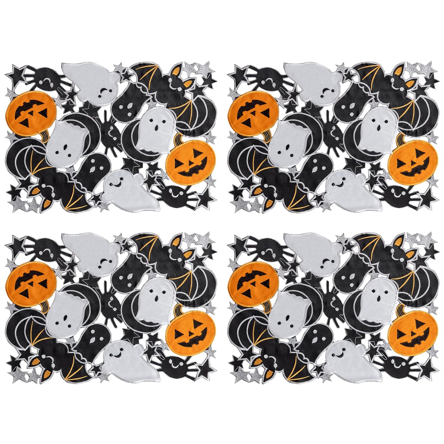 Joyfol Day Halloween Spooky Rectangular Placemats Set of 4, Cutwork Embroidered Pumpkins Place-mats 13 x 19 Inch, Black Bats Halloween Table Decorations for Parties Gothic Scary Nights