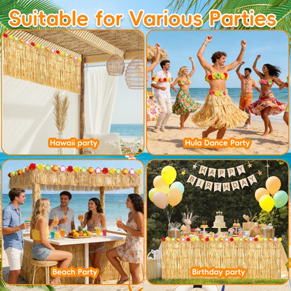 2 Pack Hawaiian Grass Table Skirt 108" x 29.5", Laua Party Decorations Grass Skirt for Table with Flowers, Hawaiian Party Decor for Luau Birthday Beach Tropical Summer Party Supplies