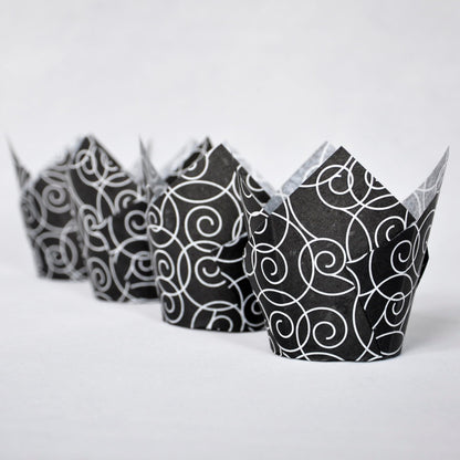 QLSmypkg Muffin Greaseproof paper Baking cupcake cups, 2"(Bottom diameter) x 3-1/2"(Height) Black Fancy Floral Print Tulip Baking Cup Case of 125 pcs (125, Standard)