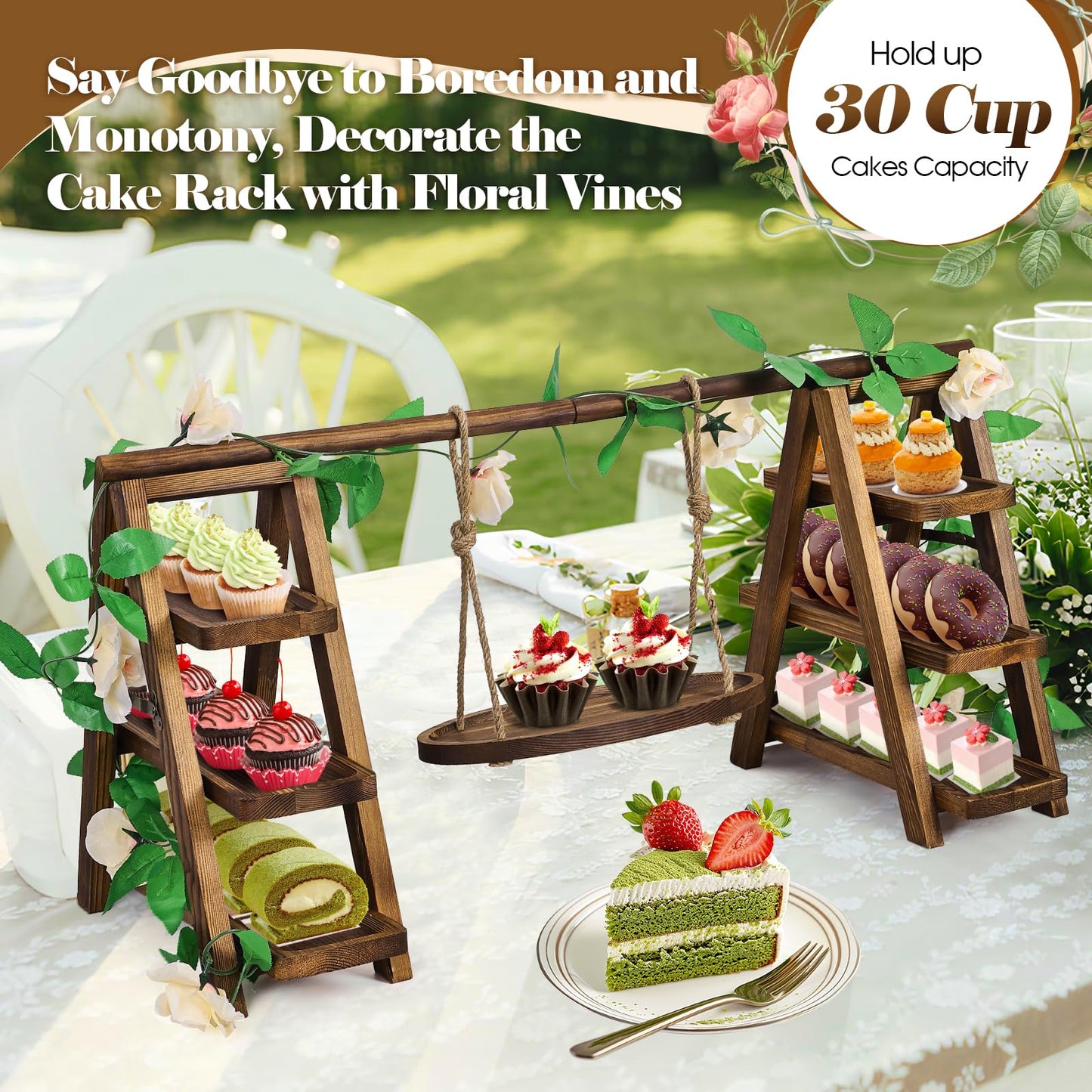 NANXITU Wooden Cupcake Stand,3 Tier Cake Stands Party Food Display Serving Platter Tray Ladder Stand with Swing and Flower Decor,Rustic Dessert Table Display Set for Cake Fruit Donut Snack Cookie