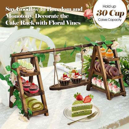 NANXITU Wooden Cupcake Stand,3 Tier Cake Stands Party Food Display Serving Platter Tray Ladder Stand with Swing and Flower Decor,Rustic Dessert Table Display Set for Cake Fruit Donut Snack Cookie