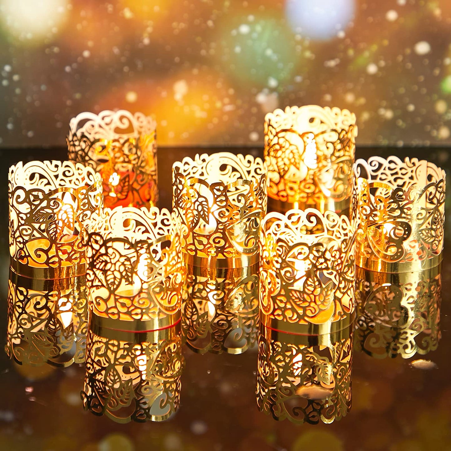 Tealight Votive Wrap Votive Candle Holders Laser Cutting Paper Candle Holder for Table LED Tealight Decor Party Wedding (Gold,100 Pieces)