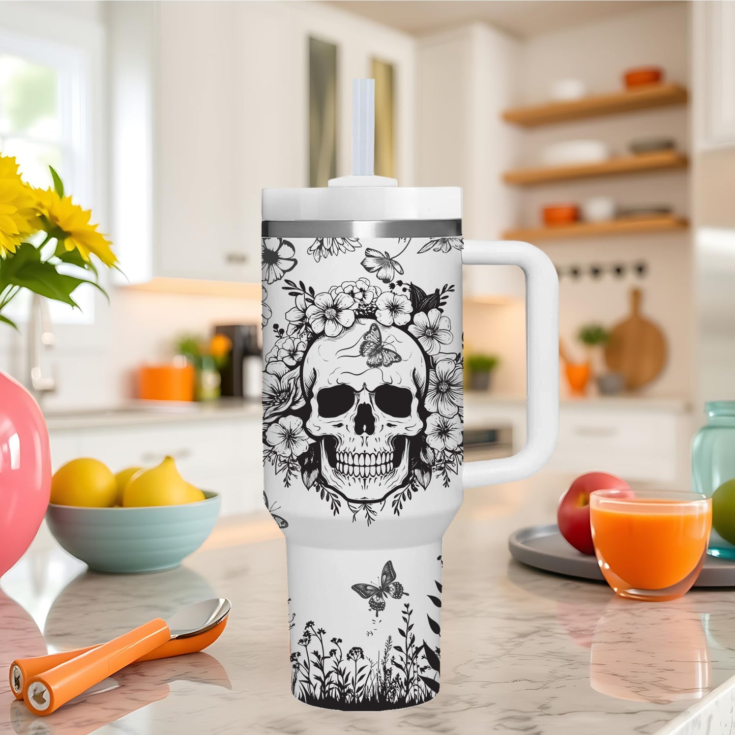 AMZUShome 40 OZ Goth Skulls Tumbler with Handle.Skull Lover Tumblers Gift.Unique Birthday Christmas Halloween Goth Skull Cup Gifts.40 OZ skulls Tumbler Gifts for Women.