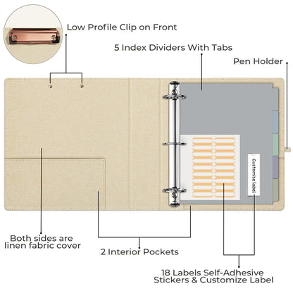 EYROZILL 3 Ring Binder 2 Inch, Binder for Letter Size (11" x 8.5") with 5 Tab Dividers, File Folder Labels and Low Profile Clipboards, Apricot