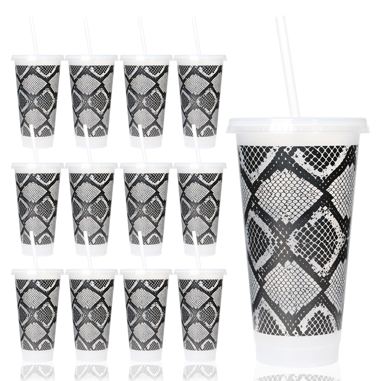 LIONSOUL 12 Pack Snake Print Reusable Cups with Lids and Straws 24 oz Plastic Tumblers Bulk Snakeskin Pattern Party Cups for Birthday Halloween Fashion Theme Party Supplies