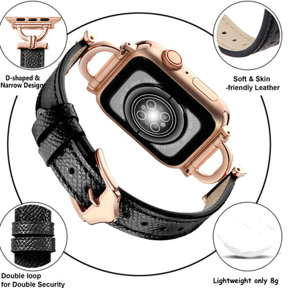 Osber Genuine Leather Band Compatible with Apple Watch Women 38mm 40mm 41mm 42mm(S11/S10), Designer Slim Leather Strap with D-Shape Gold Metal Buckle for iWatch Series 11 10 9 8 SE 7 6 5 4 3 2 1, Black