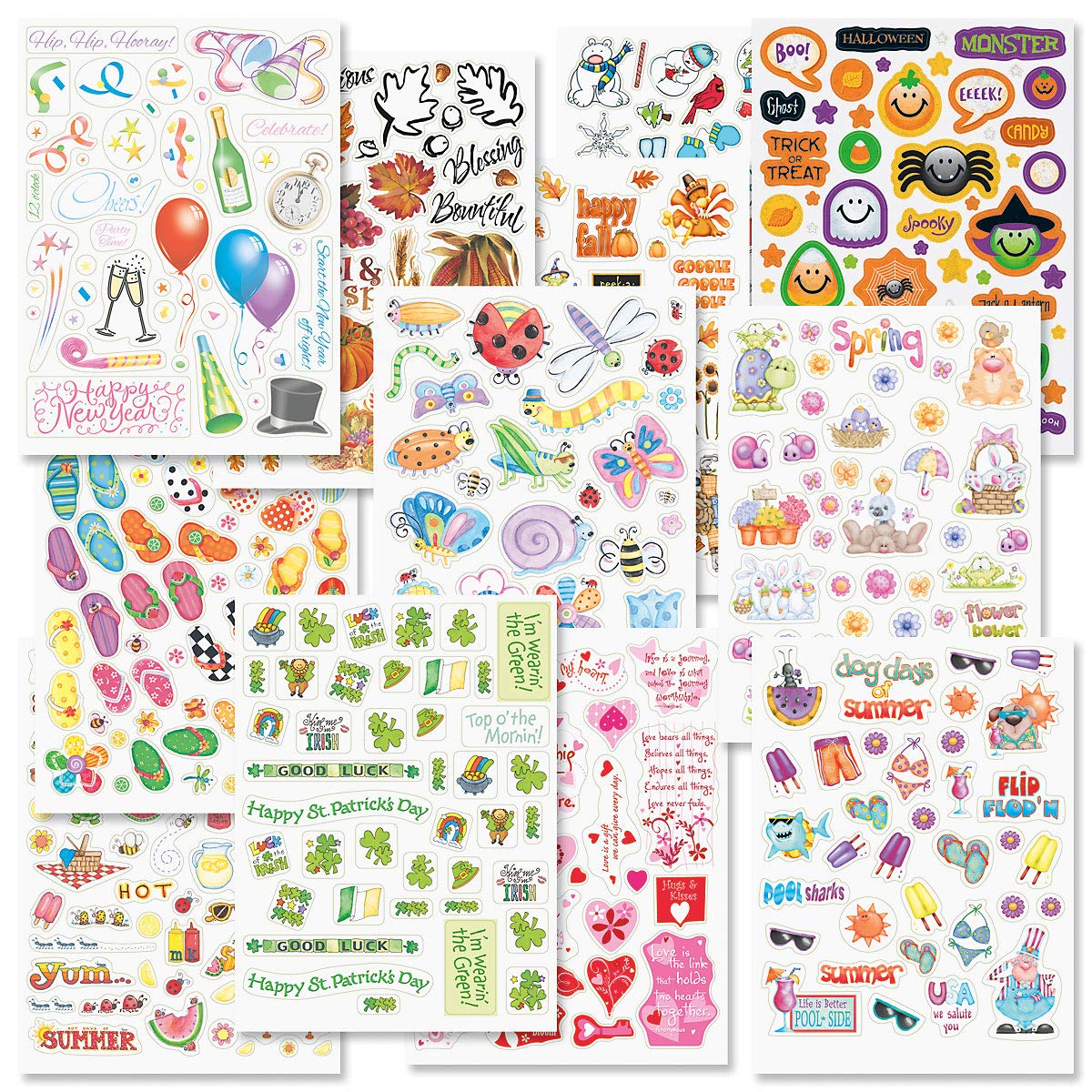 Current Year-Round Themed Sticker Variety Pack - 12 Sheets, 178 Assorted Stickers for Kids, Teachers, School, Scrapbooking, Journals, Monthly Planners, Calendars, Holiday Crafts & Greeting Cards