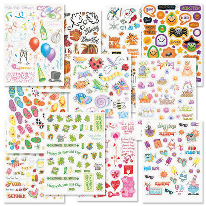 Current Year-Round Themed Sticker Variety Pack - 12 Sheets, 178 Assorted Stickers for Kids, Teachers, School, Scrapbooking, Journals, Monthly Planners, Calendars, Holiday Crafts & Greeting Cards