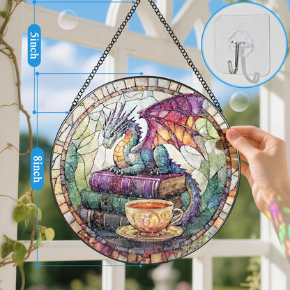 Dragon Stained Glass Window Hanging, 8 Inch Sun Catchers Indoor Window, Suncatchers for Windows Hanging, Home Decor and Christmas, Festival, Birthday, Gifts for Readers, Book Lovers, Women, Men