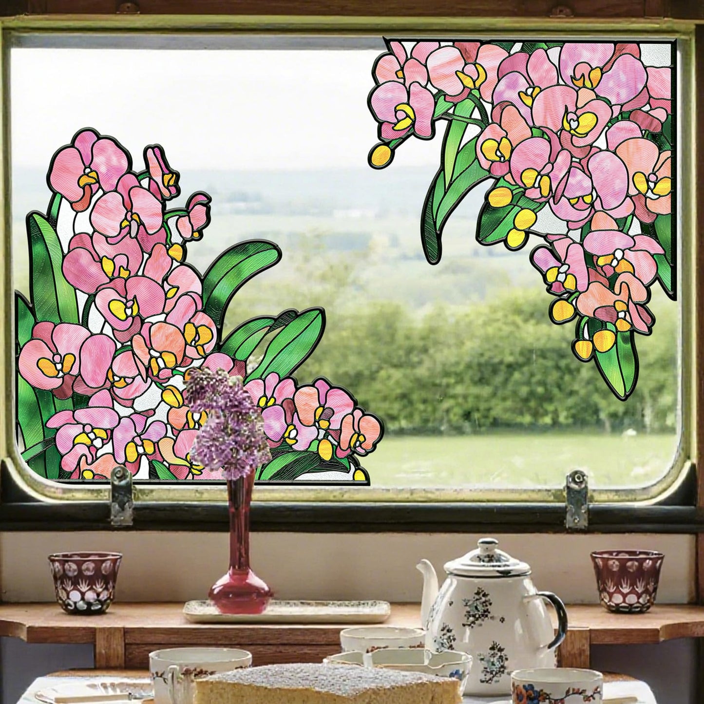 ADD.HERES Window Stickers, Stained Glass Window Privacy Film, UV Blocking Static Cling for Home Kitchen Office Bathroom, Phalaenopsis, 17.7" X 31.5"