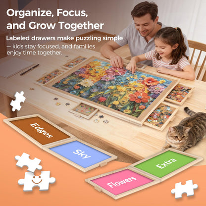 ALL4JIG 1500 Pieces Rotating Puzzle Board with 6 Drawers and Cover,24.92"x33.58"Portable Wooden Jigsaw Puzzle Table for Adults,Lazy Susan Spinning Puzzle Boards Gift for mom,Surface for Lego Building