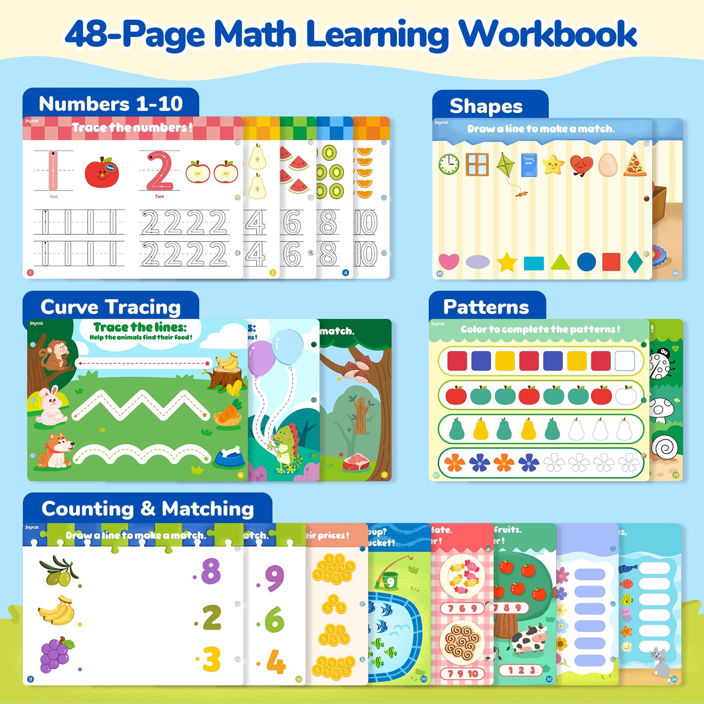 JoyCat Math Busy Book for Toddlers — Reusable Preschool Workbook with 10 Dry-Erase Markers, Number Tracing & Counting Activity Book for Kids Ages 3–8, Kindergarten Learning Activities, Travel-Ready