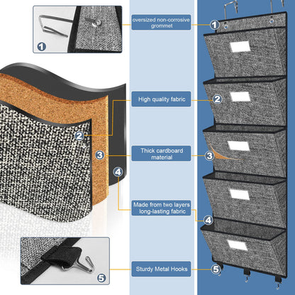 Homyfort Over the Door File Organizer, Hanging Wall File Folders with 5 Large Pockets for Papers, Charts, Mails, Magazine, Office and Back To Supplies Storage and Organization (Black)