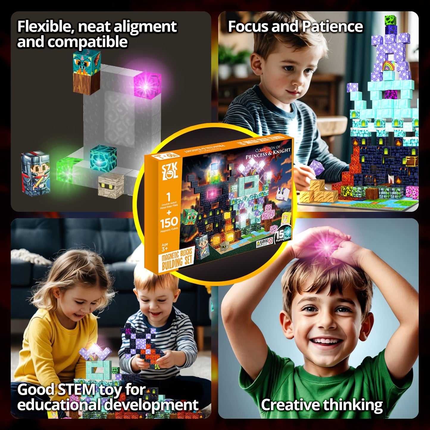 SZKLOL 150 PCS Light Up Magnetic Building Blocks for Kids, STEM Educational Building Toys with Metal Baseplate for Ages 3-8, Princess & Castle Magnetic Stacking Cubes (150 pcs, 15 Flashing Cubes)