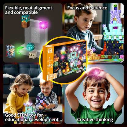 SZKLOL 150 PCS Light Up Magnetic Building Blocks for Kids, STEM Educational Building Toys with Metal Baseplate for Ages 3-8, Princess & Castle Magnetic Stacking Cubes (150 pcs, 15 Flashing Cubes)