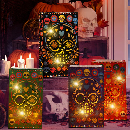 Ireer 30 Pieces Halloween Day of The Dead Luminary Bags - Dia De Los Muertos Candy Bag - Flame Resistant Candle Bag - Sugar Skull Gift Goodie for Mexican Fiesta Halloween Party Favors Supplies