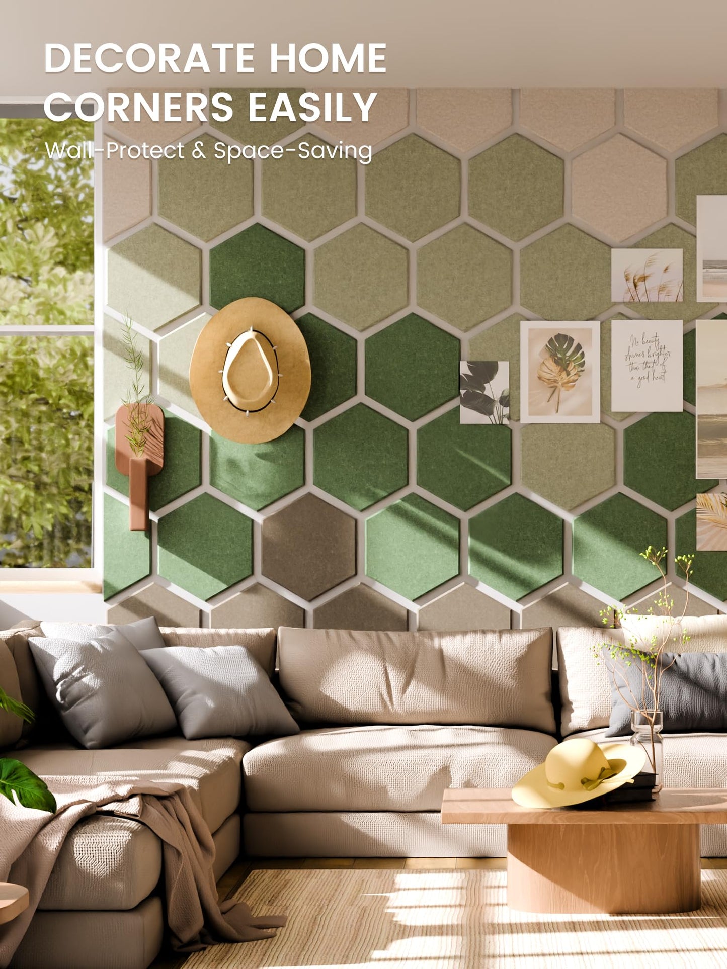 Fluxynara Hexagon Cork Board Alternative for Walls Decor-12-Pack Felt Bulletin Board Tiles,with 30 Pushpins,70 Adhesive Tabs for Office,Classrooms & Home Pin Board Felt Board-Moss Haven