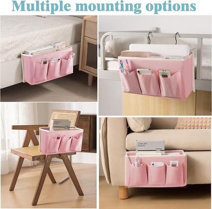 Bedside Caddy / Bedside Storage Organizer Hanging Bag with Three Options,Suitable for home beds, sofas, and dormitory beds—can hold magazines, books, phones, iPads, remote controls. (2-Pack Pink)