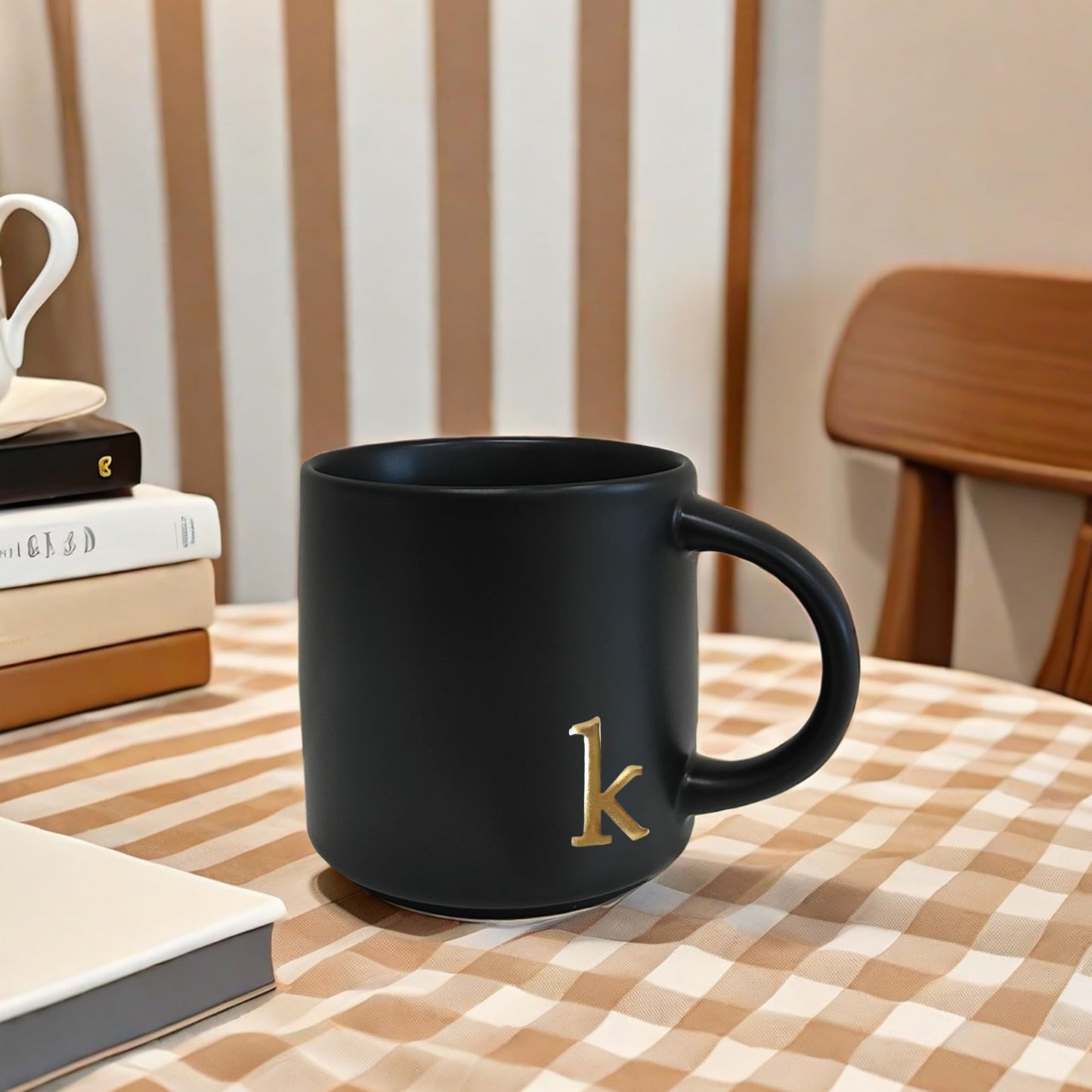 COLLECTIVE HOME - Black Monogram Ceramic Mugs, 15 oz Golden Initial Coffee Cups, Elegant Alphabet Tea Mugs, Personalized Halloween Mug with Gift Box, Perfect for Office and Home Décor (k)