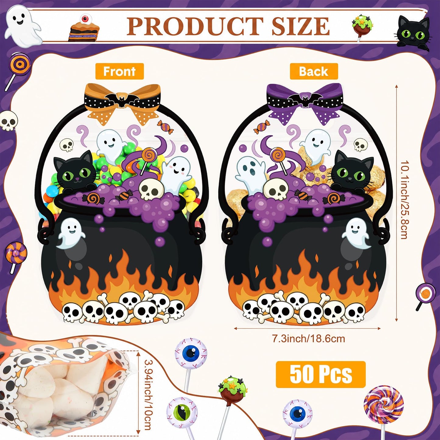 Fuutreo 50 Pcs Halloween Plastic Bags Clear Black Cat Witch Cauldron Sealed Gift Pouches with Handles Resealable Scary Holiday Favor Bags for Halloween Holiday Party Candy Gift Wrapping Supplies Decor