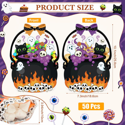 Fuutreo 50 Pcs Halloween Plastic Bags Clear Black Cat Witch Cauldron Sealed Gift Pouches with Handles Resealable Scary Holiday Favor Bags for Halloween Holiday Party Candy Gift Wrapping Supplies Decor