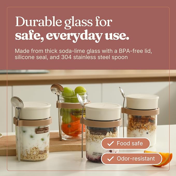 Overnight Oats Containers with Lids and Spoons (4 Pack) – 12oz Glass Jars for Yogurt Meal Prep, Chia Pudding & Snacks – Leakproof Airtight Mason Jar Set – Portable Food Storage with Cleaning Brush
