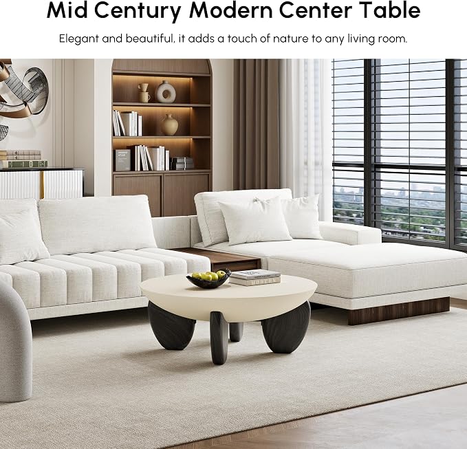 homary Round Concrete Coffee Table with Premium Walnut Ash Wood Legs, Modern Minimalist Cement Finish Center Table for Living Room (Black, 29.9" W x 29.9" D x 14.4" H)