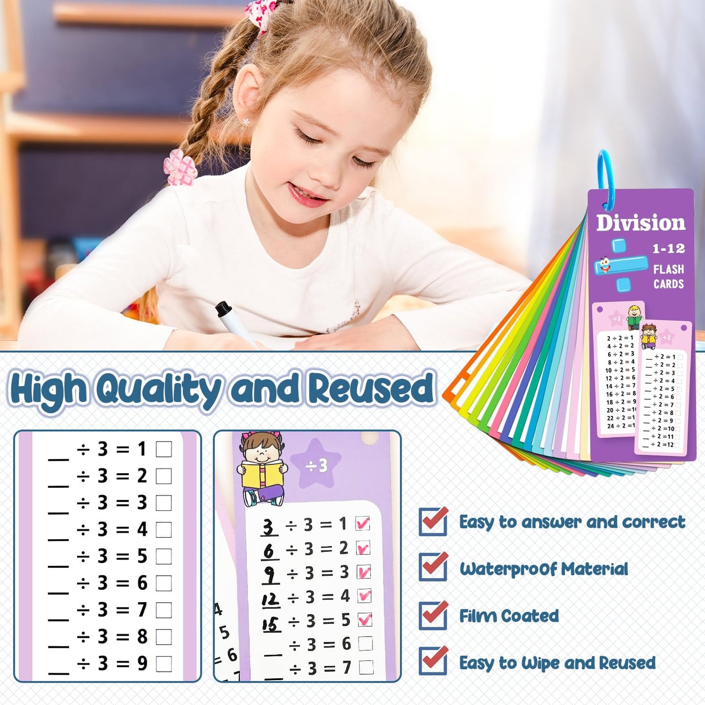 Anemeeoke 60Pack Multi Math Flash Cards, Addition Subtraction Multiplication Division Flashcard, with 2 Dry Erase Markers, 4 Rings, Educational Times Table Flashcards for Classroom Home