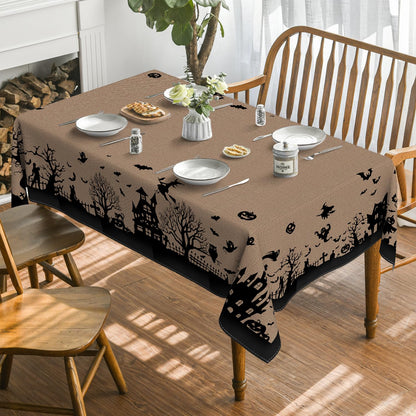 Horaldaily Halloween Tablecloth 60×84 Inch Rectangular, Castle Tree Scary Themed Beige Washable Table Cover for Party Picnic Dinner Decor