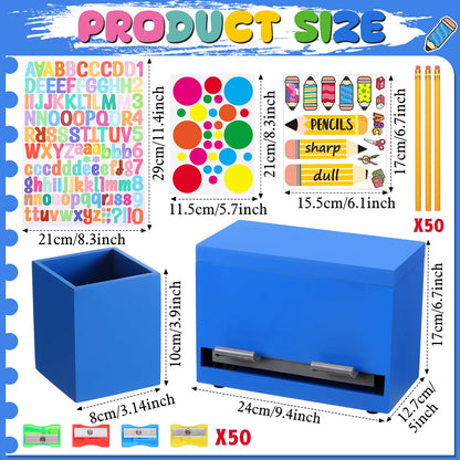 Watersay 108 Pcs Pencil Dispenser Kit for Classroom Wooden Sharp and Dull Pencil Holder 50 Pencils 50 Sharpener 6 Sticker Classroom Teacher Must Have Straw Dispenser for Back to School(Royal Blue)