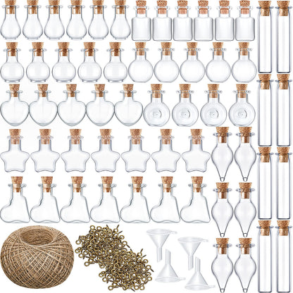 Honeydak 100 Pcs Small Mini Glass Bottles Jars with Cork Stopper Set Potion Bottle Tiny Refillable Wishing Bottles Drifting Bottle with Eye Screw Funnel Rope for DIY Bead Containers, 10 Shapes