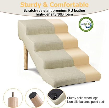 4-Step 18" H Dog Stairs for Bed Couch, Waterproof & Scratch PU Leather Pet Steps for Small Senior Dogs and Cats, Dog Ramp with 220 lbs Maximum, Oak Leg & Solid Wood, Non-Slip Feet, Cream