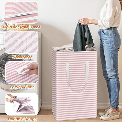 3 Pack Large Laundry Basket,Waterproof & Freestanding Laundry Hamper,Collapsible Clothes Hampers with Easy Carry Long & Reinforced Handles in Bathroom,College Dorm(100Lx3,Pink)