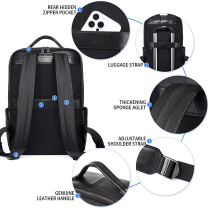 Wesccimo Veg-Tan Genuine Leather Backpack for Men Multi-Functional 15.6" Laptop Backpack, Black Business Travel Luxury Backpack Work Daypack